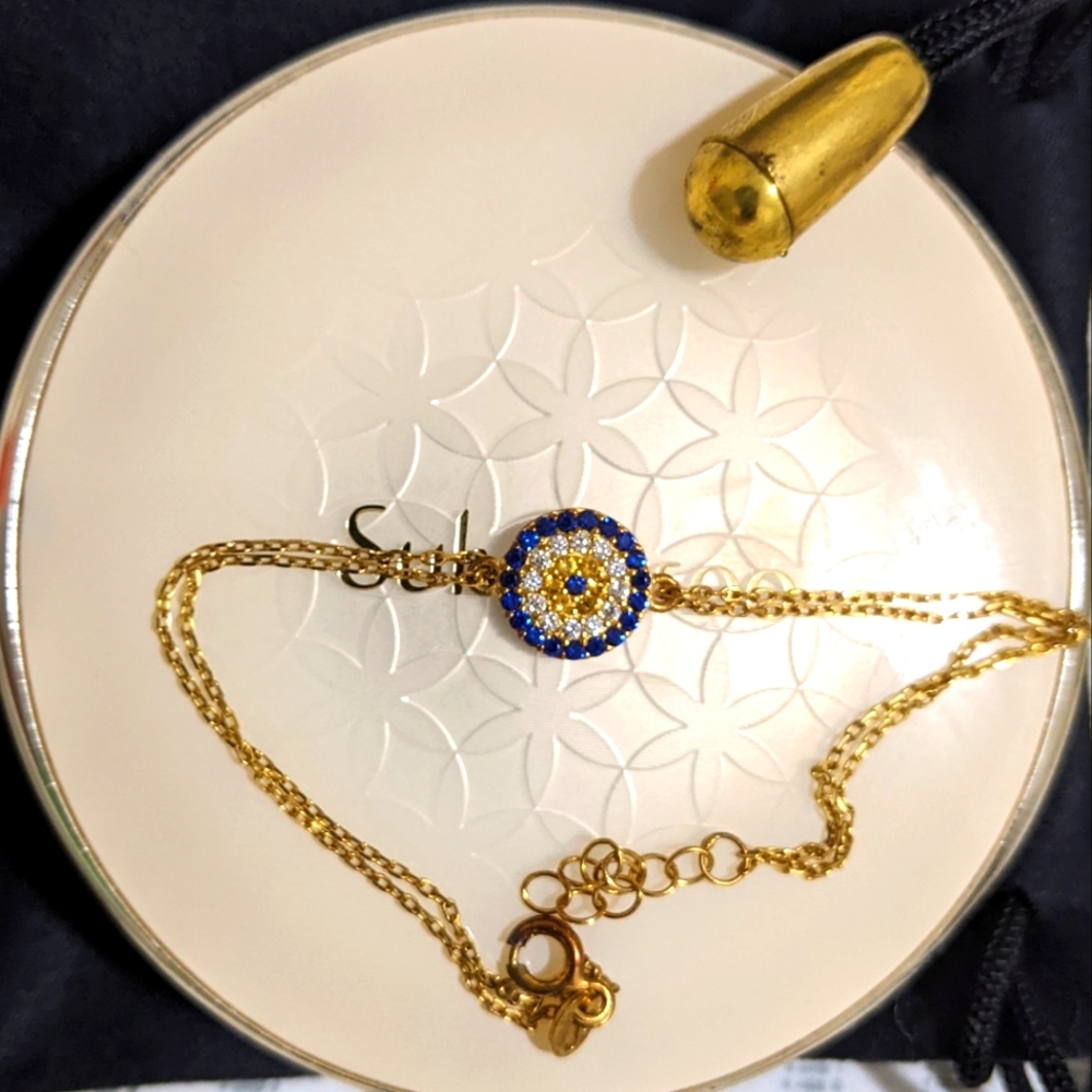 New circle pendant blue crystal gold chain 925 silver bracelet 1.7g